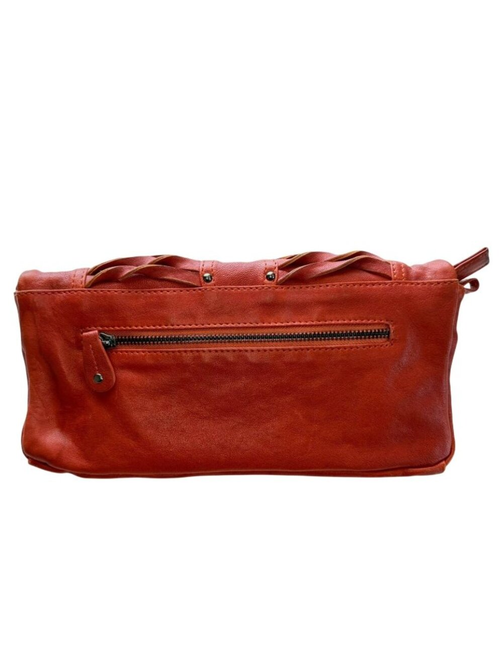 7Chi Rust Cognac Leather Clutch Braided Detailing Stud Accents Zipper - Picture 2 of 12
